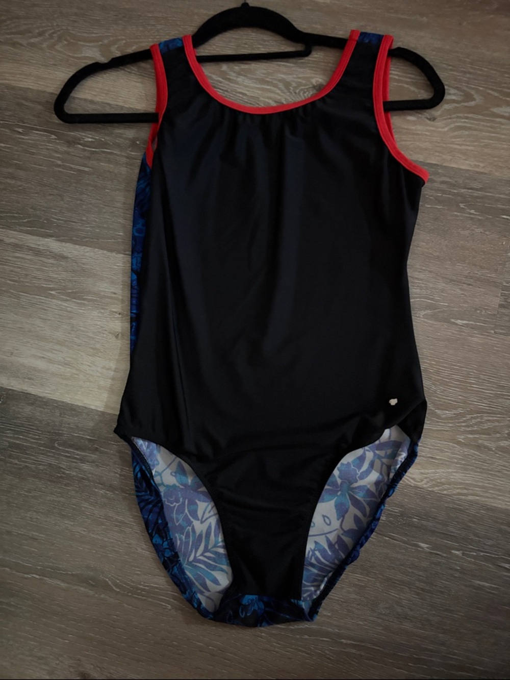 Black red and blue gymnastics leotard